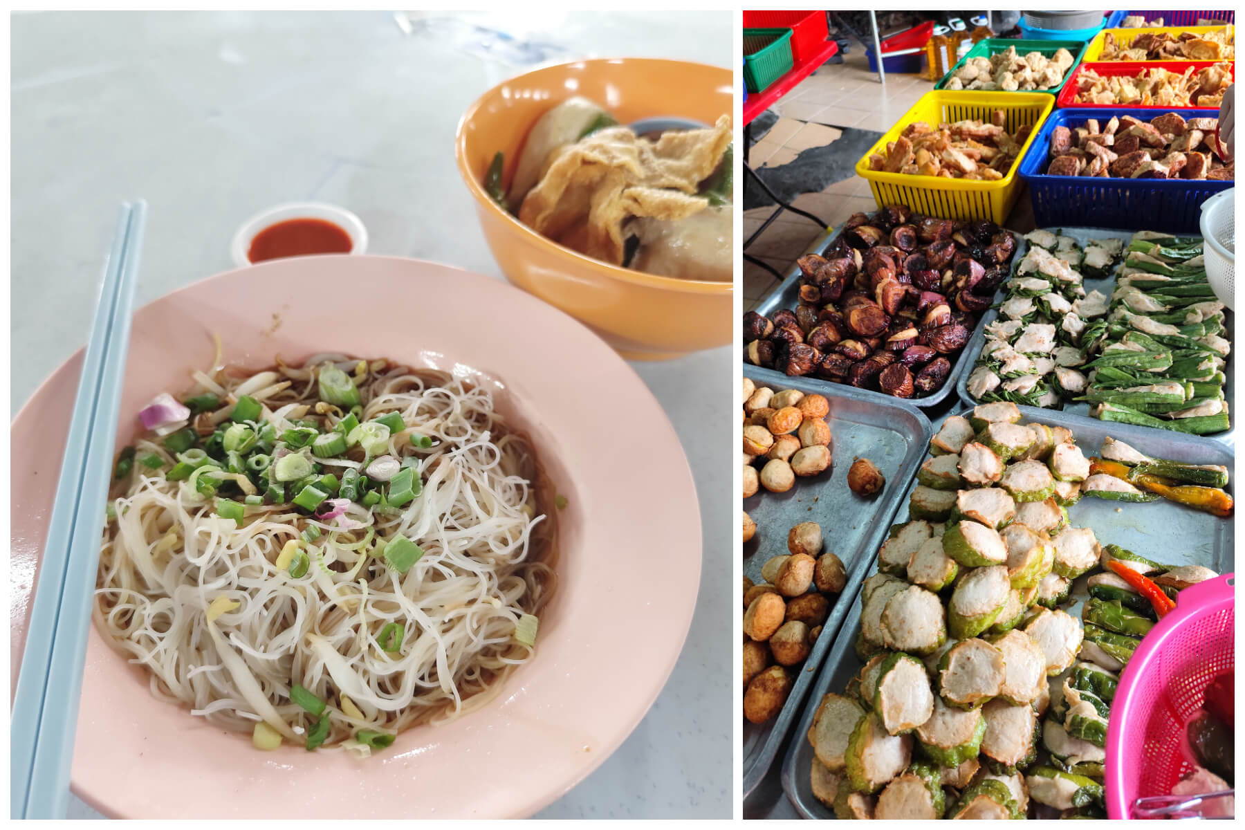 乾的炸料粉本體就是廣東梅州客家人的醃粉麵，但還可以點湯的 laksa 或其他族群的麵食來搭配炸料