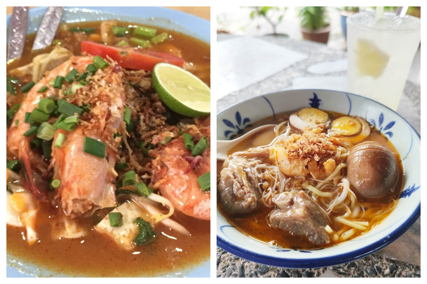 左為mee udang 右為福建蝦麵 可看出調味方式全然不同